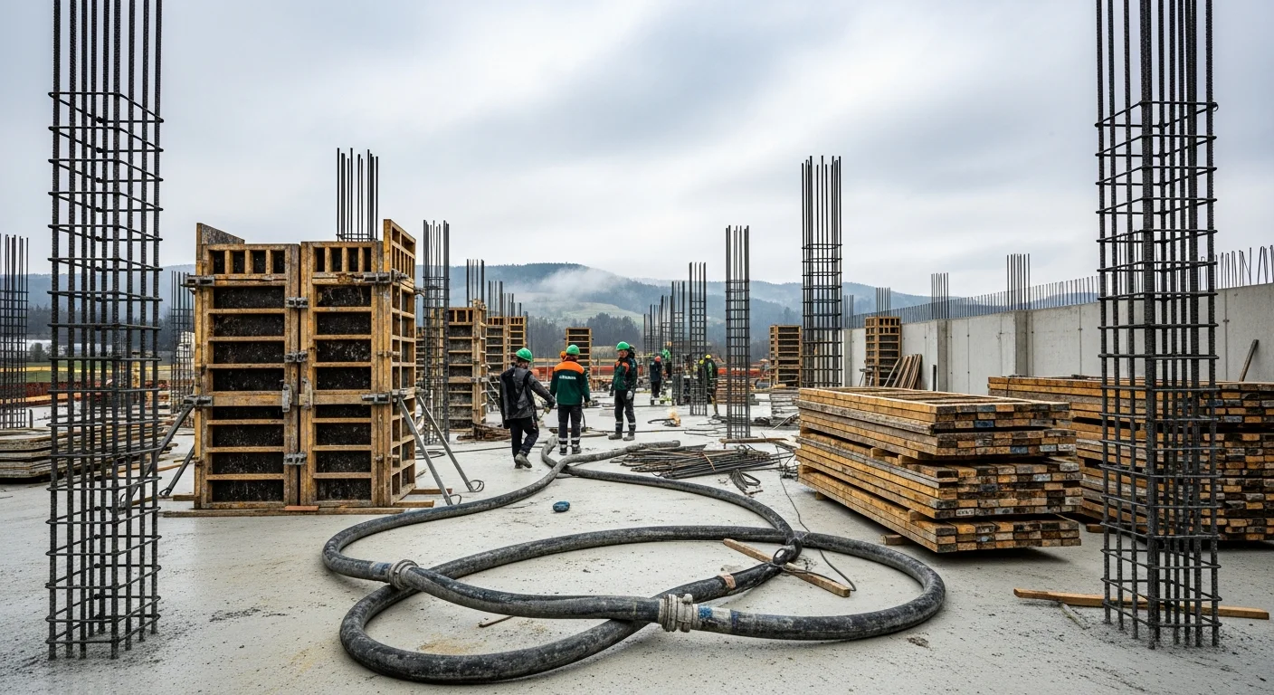 Rohbau mit Stahlbeton und Schalung auf einer Baustelle in Bayern